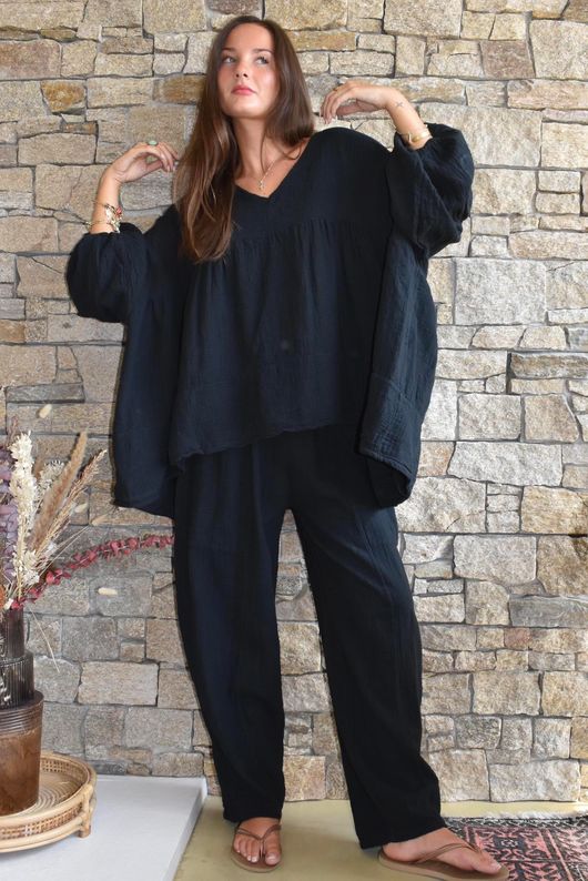Suri Cushion Cotton Button Pocket Barrel Pant Black
